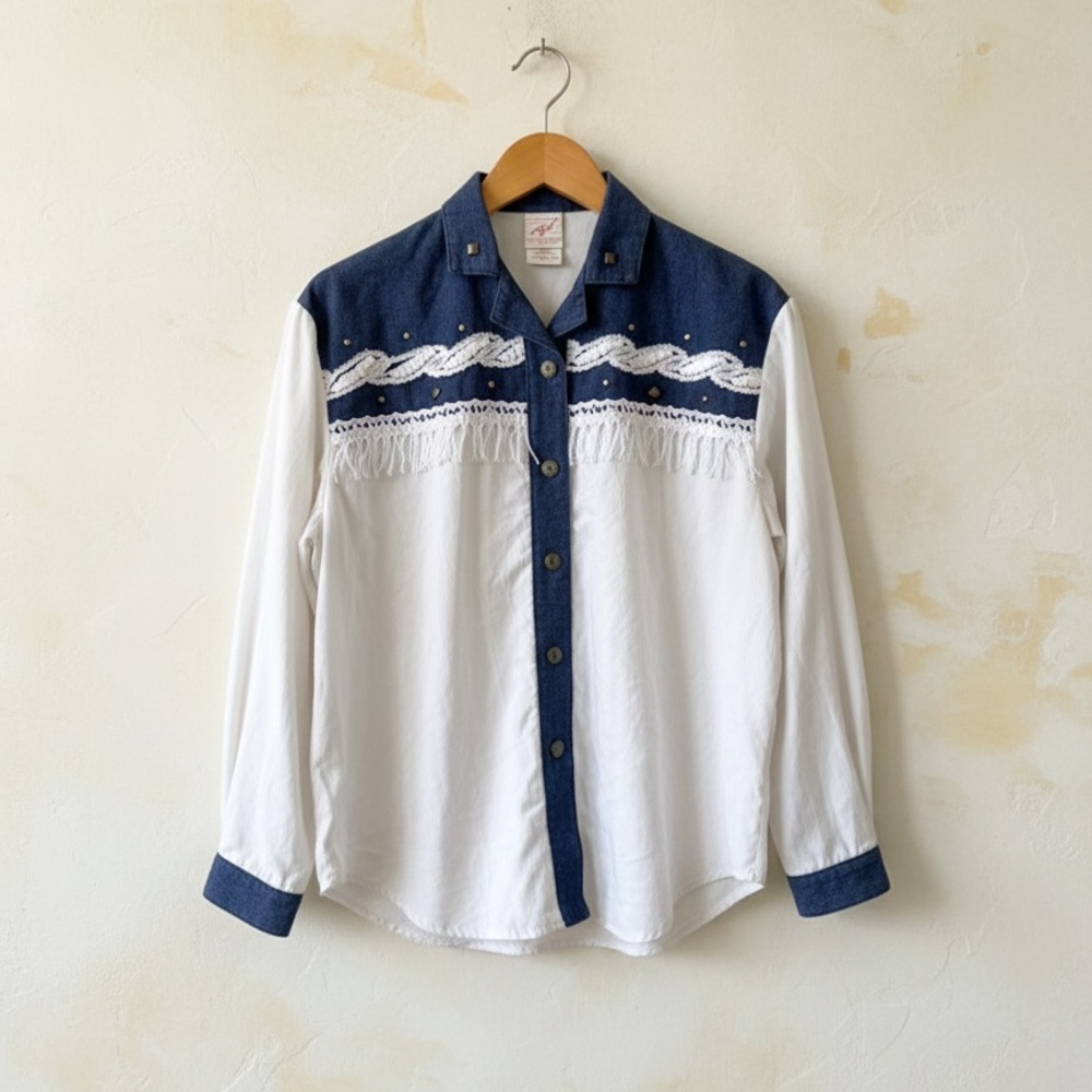 Vtg 90s Western Denim Fringe Lace Boho Button Down Shirt Petite Small Made inUSA